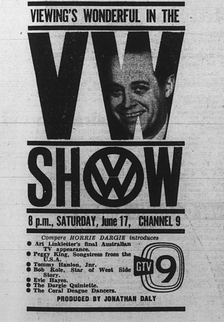 While in Australia, Art Linkletter compered the 18-hour National Heart Foundation telethon on GTV-9 on May 28, 1961. Jonathan and Art worked together on the telethon. He subsequently appeared on The BP Super Show on June 3, and The VW Show on June 17 (Photo: The Age, TV and Radio Guide supplement, June 15, 1961).